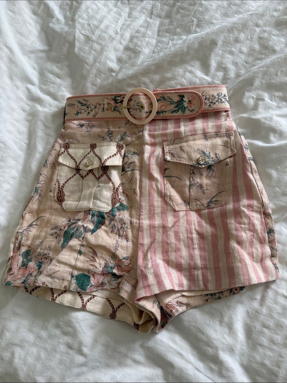 Zimmermann Pink Floral & Stripe High-Waist Shorts with Belt